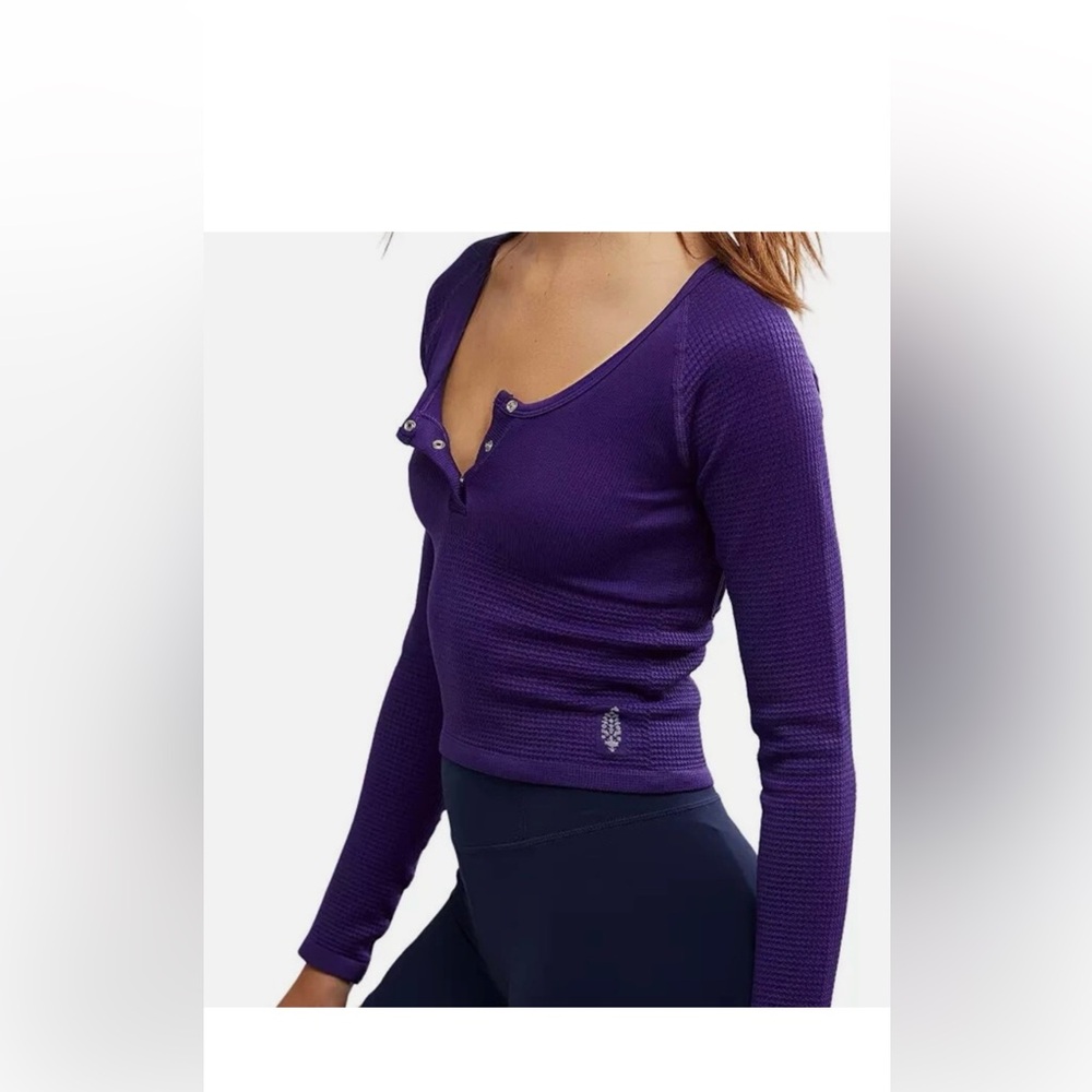 Long Sleeve Henley Thermal Top - Purple free people nwt movement yoga